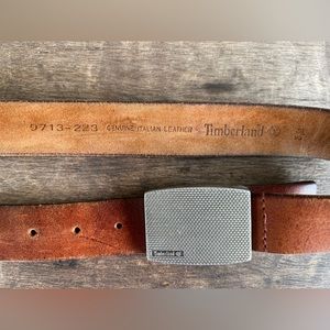 VINTAGE TIMBERLAND Genuine Italian Leather Belt w Textured Plaque Buckle Sz 38